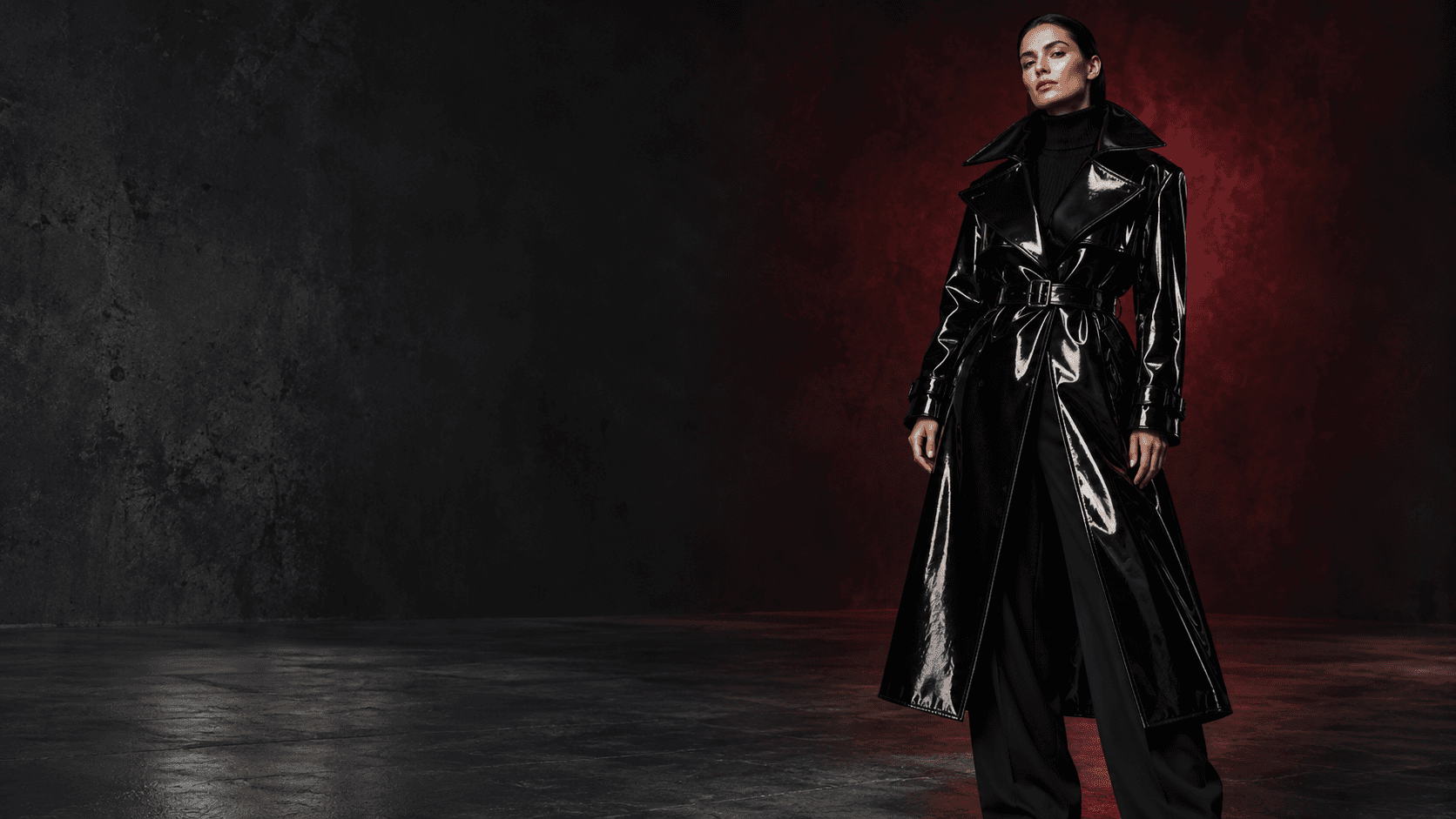 An after-dark fashion editorial in glossy black